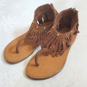 Dynasty Brown Fringe Zipper Back Ankle Sandals Boho Toddler Girls Size 12